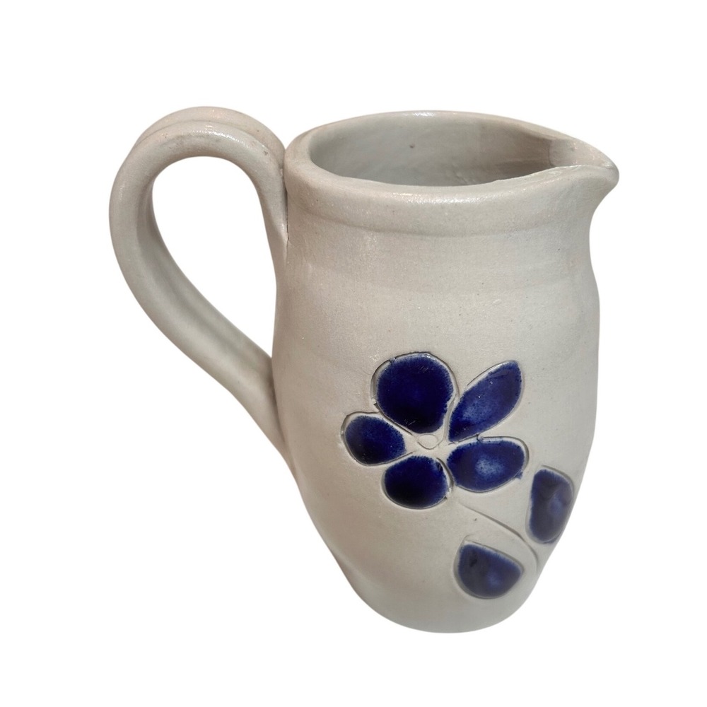 Williamsburg Pottery Salt Glazed Stoneware Creamer Pitcher Cobalt Blue Flower